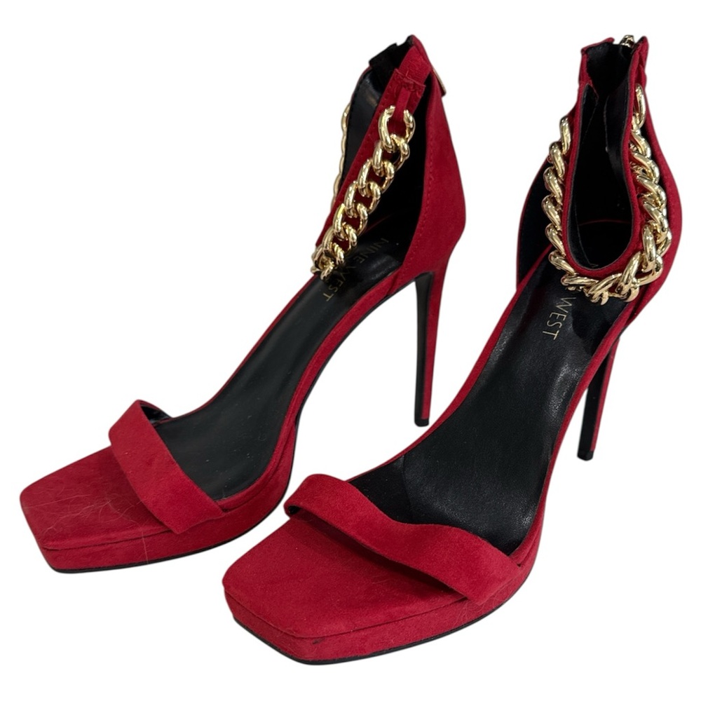 Nine West Red Suede High Heel Sandals with Gold Chain Ankle Strap